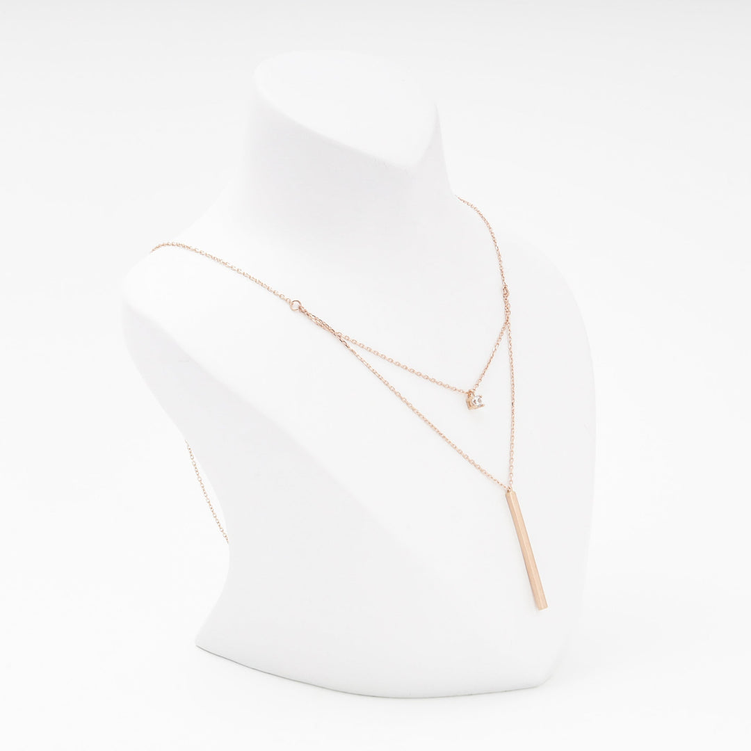 Rose Gold 14K (585) Layered Necklace with Bar Pendant and CZ | Ukrainian Jewelry
