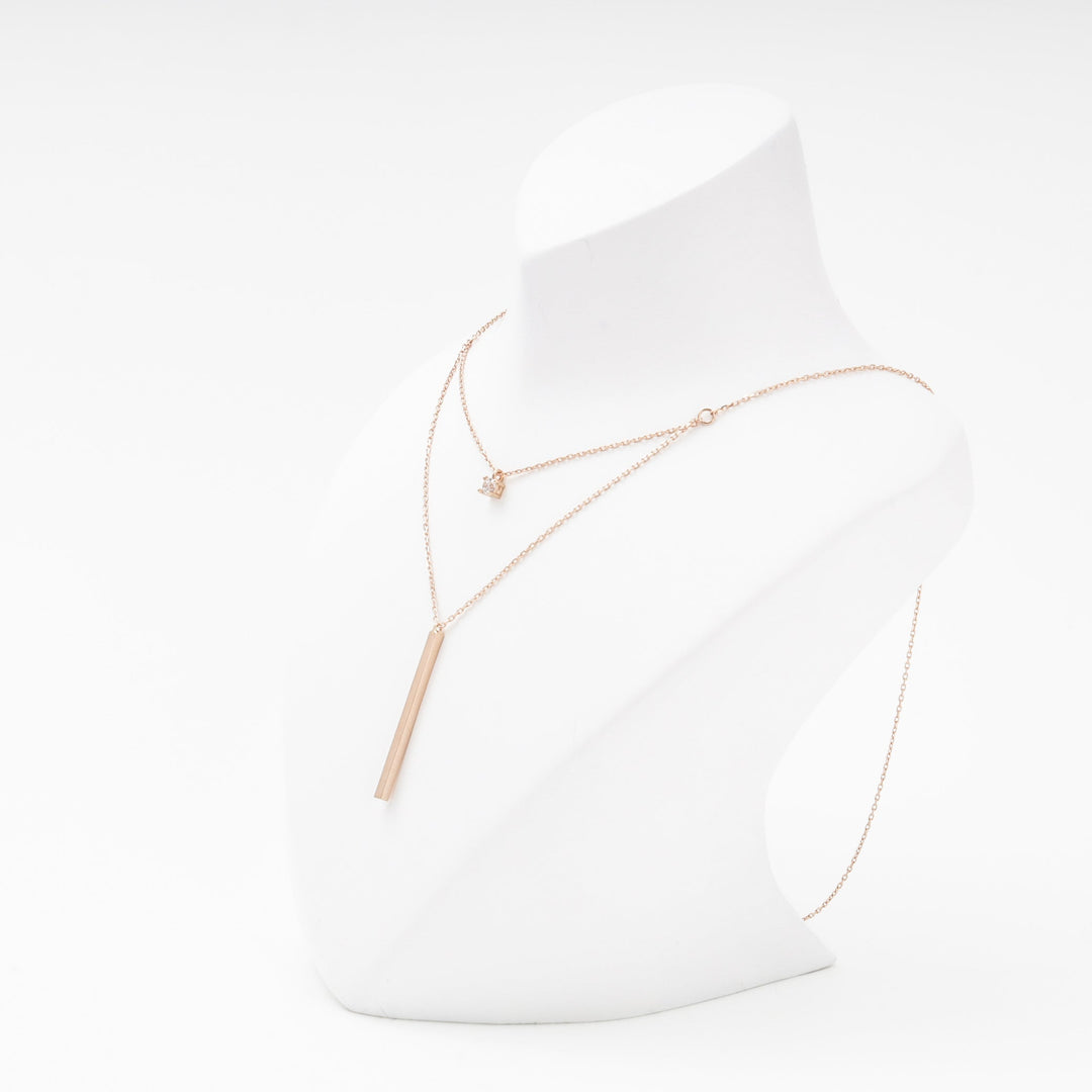 Rose Gold 14K (585) Layered Necklace with Bar Pendant and CZ | Ukrainian Jewelry