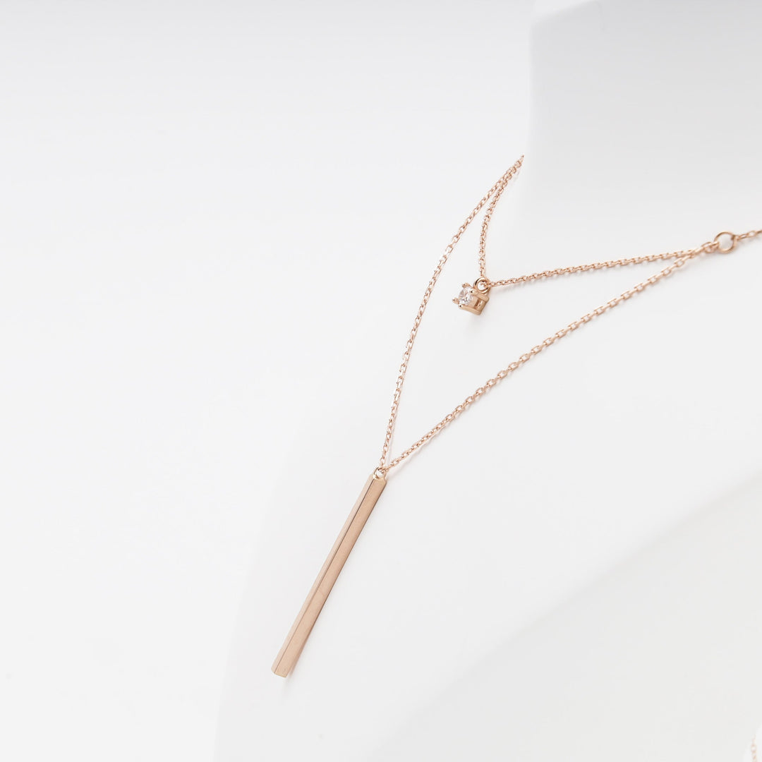 Rose Gold 14K (585) Layered Necklace with Bar Pendant and CZ | Ukrainian Jewelry