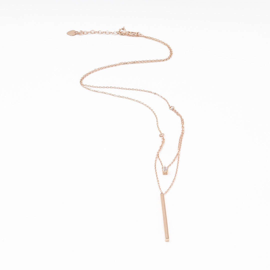 Rose Gold 14K (585) Layered Necklace with Bar Pendant and CZ | Ukrainian Jewelry