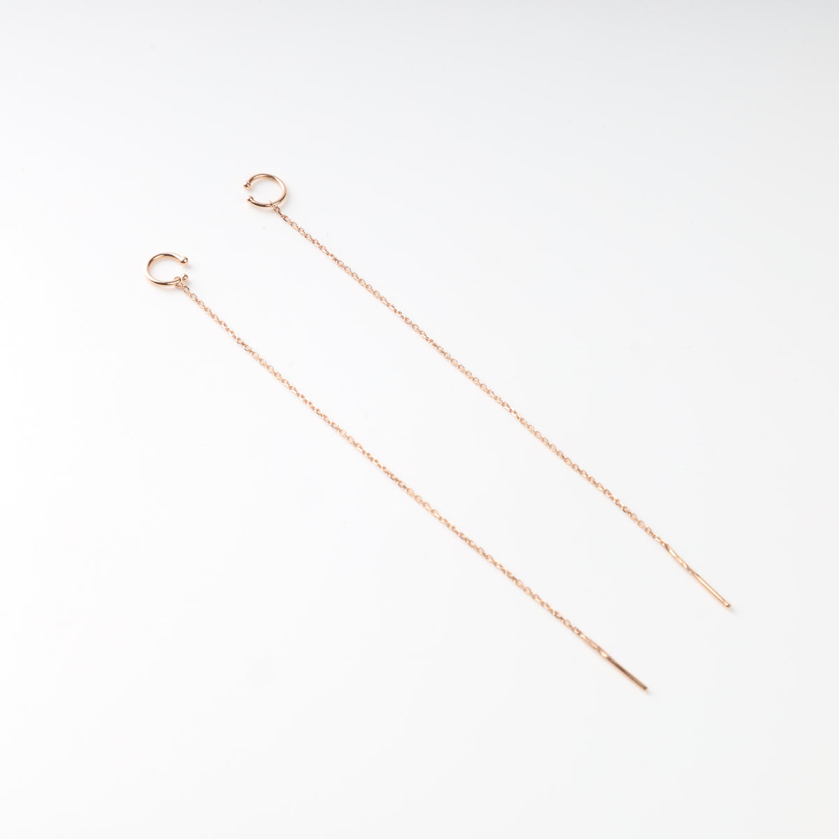 Pair of long 14K (585) rose gold chain threader earrings with small open hoops