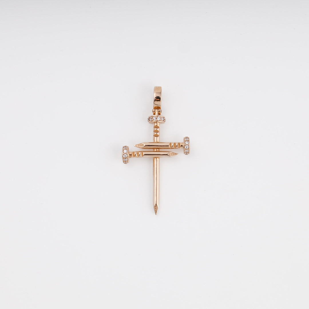 Nail Cross Pendant with Zirconia 14K (585) Rose Gold | Ukrainian Jewelry