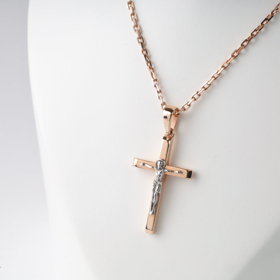 Two-Tone Cross with Crucifix 14K (585) Rose and White Gold | Ukrainian Jewelry