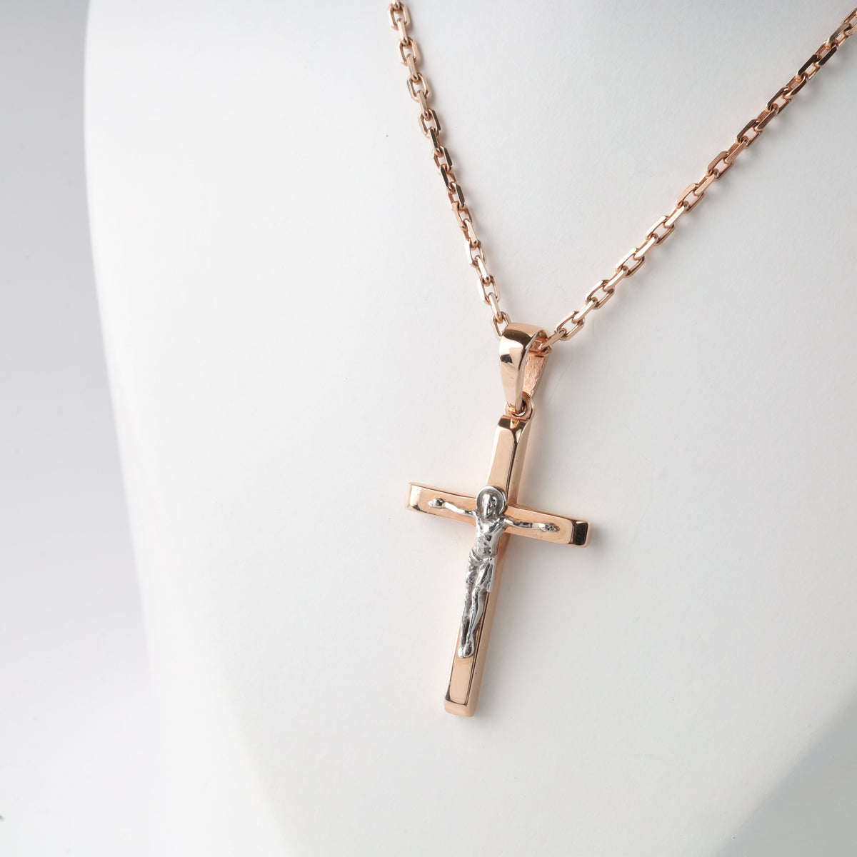 Two-Tone Cross with Crucifix 14K (585) Rose and White Gold | Ukrainian Jewelry