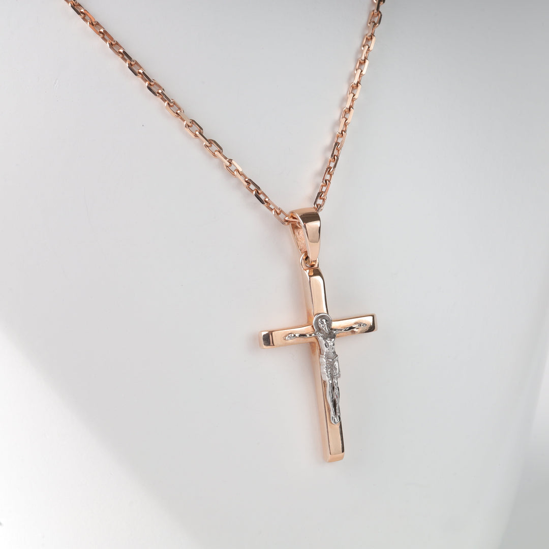Two-Tone Cross with Crucifix 14K (585) Rose and White Gold | Ukrainian Jewelry