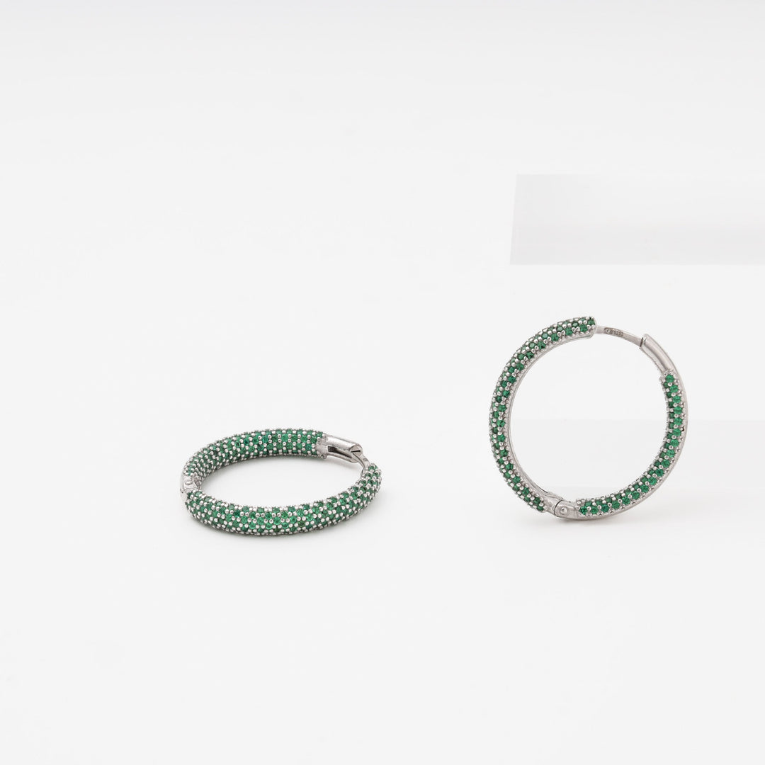 Silver 925 Rhodium Large Hoop Earrings with Green CZ | Ukrainian Jewelry