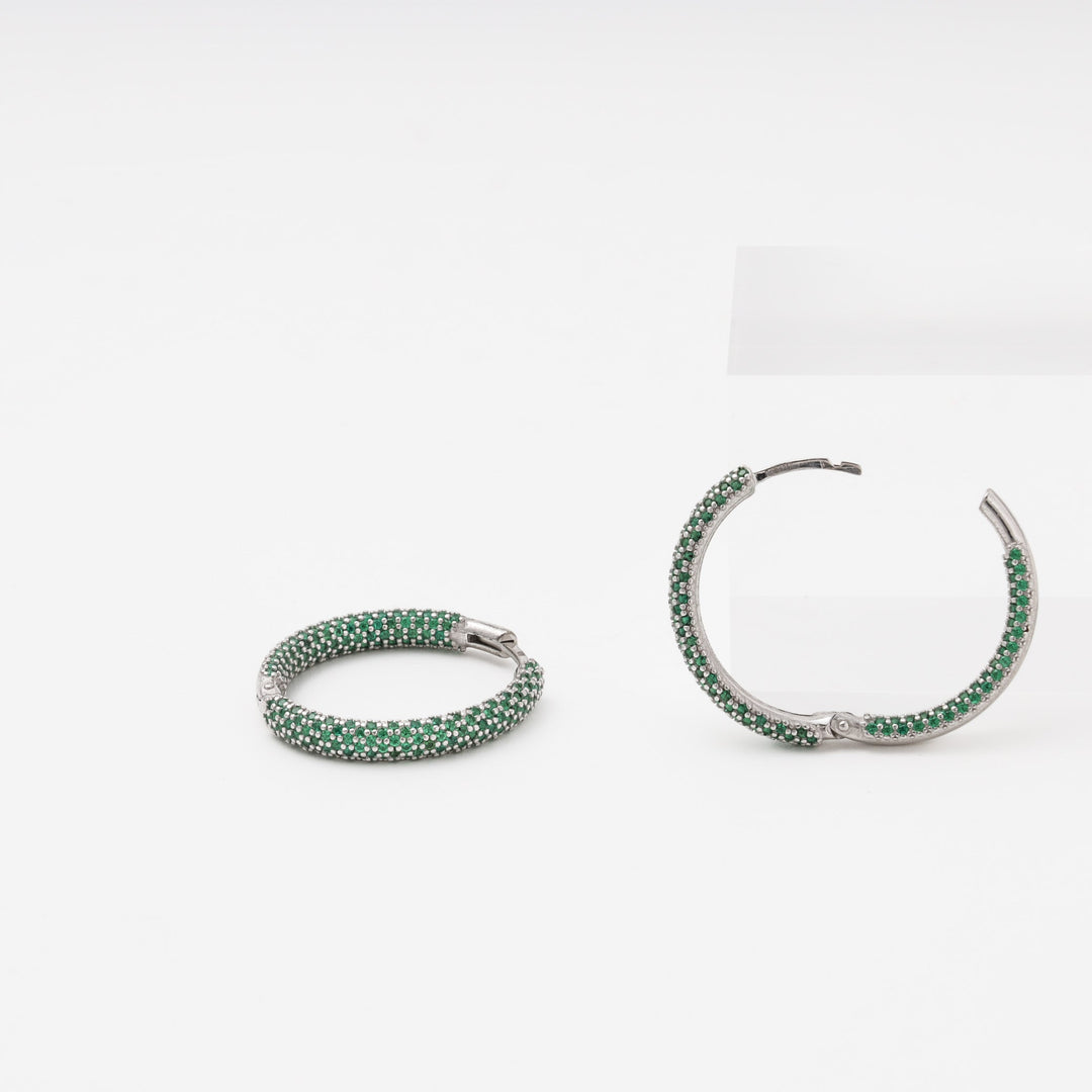 Silver 925 Rhodium Large Hoop Earrings with Green CZ | Ukrainian Jewelry