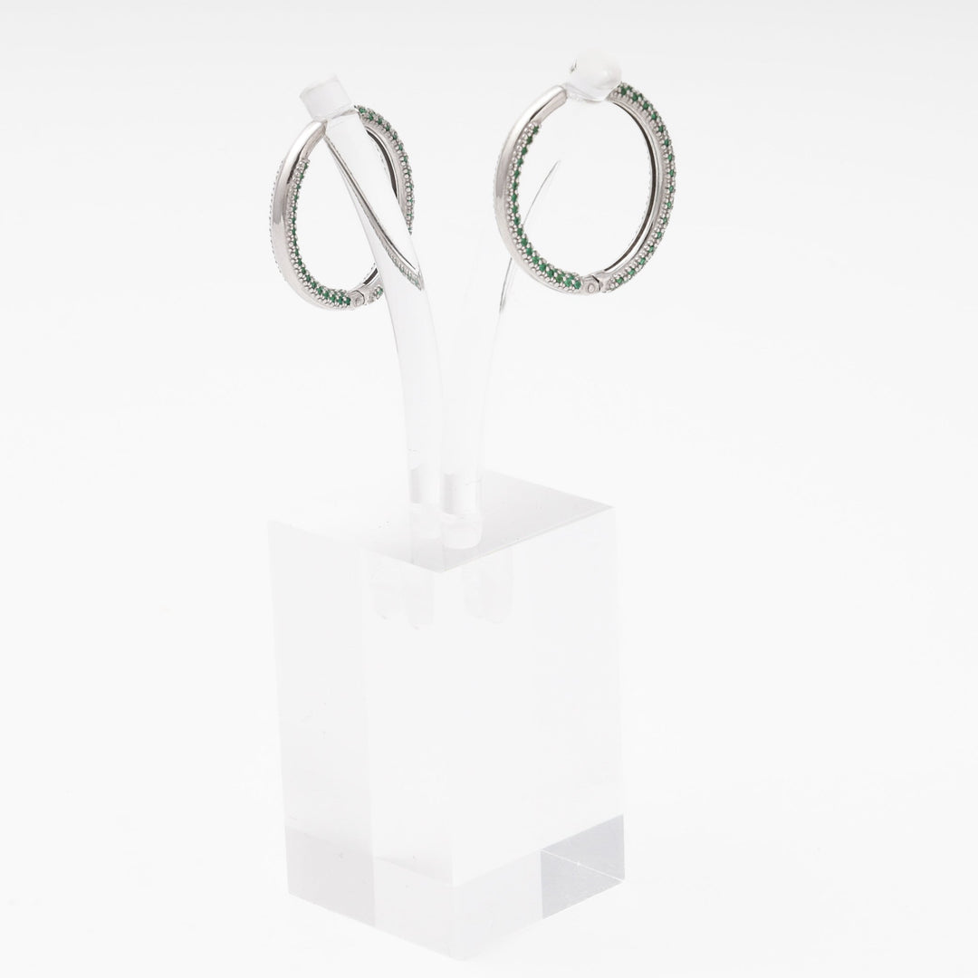 Silver 925 Rhodium Large Hoop Earrings with Green CZ | Ukrainian Jewelry