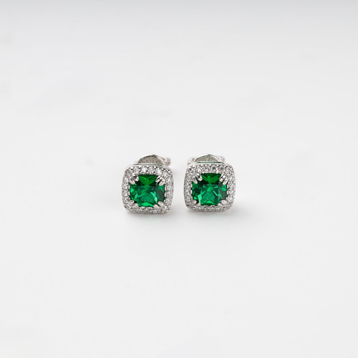 Silver 925 Green Cubic Zirconia Halo Stud Earrings | Ukrainian Jewelry