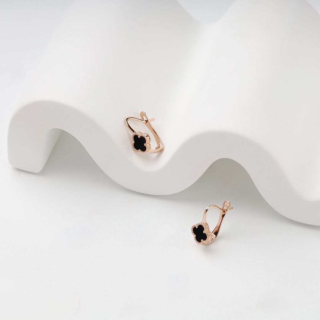 Rose Gold 585 Black Onyx Clover Kids Earrings | Ukrainian Jewelry