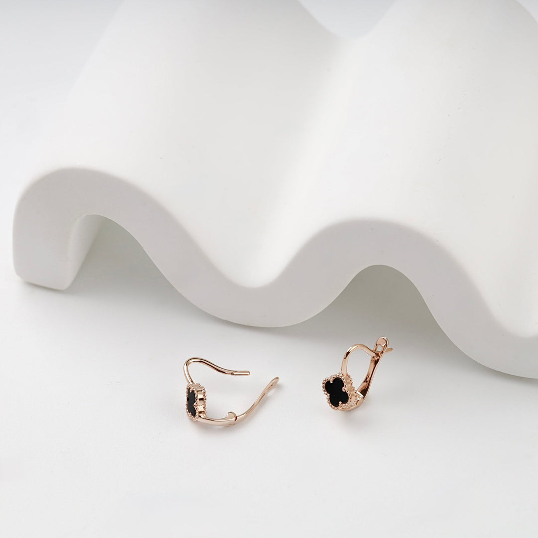 Rose Gold 585 Black Onyx Clover Kids Earrings | Ukrainian Jewelry