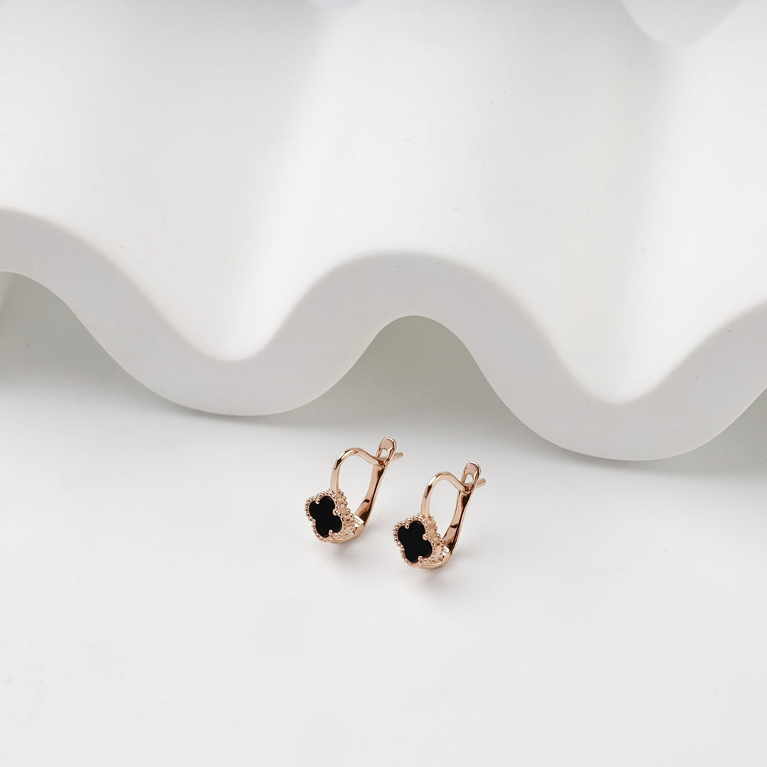 Rose Gold 585 Black Onyx Clover Kids Earrings | Ukrainian Jewelry