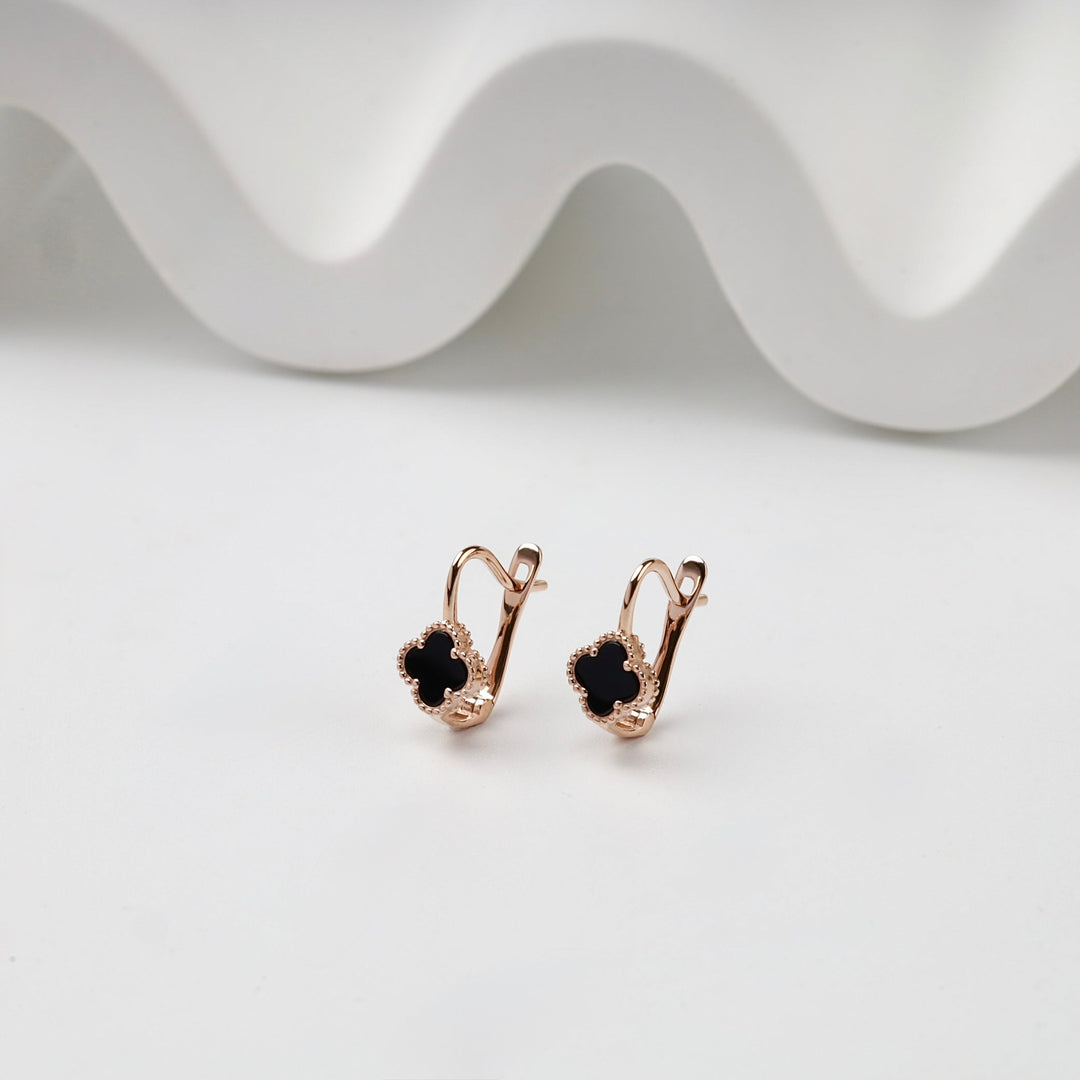 Rose Gold 585 Black Onyx Clover Kids Earrings | Ukrainian Jewelry