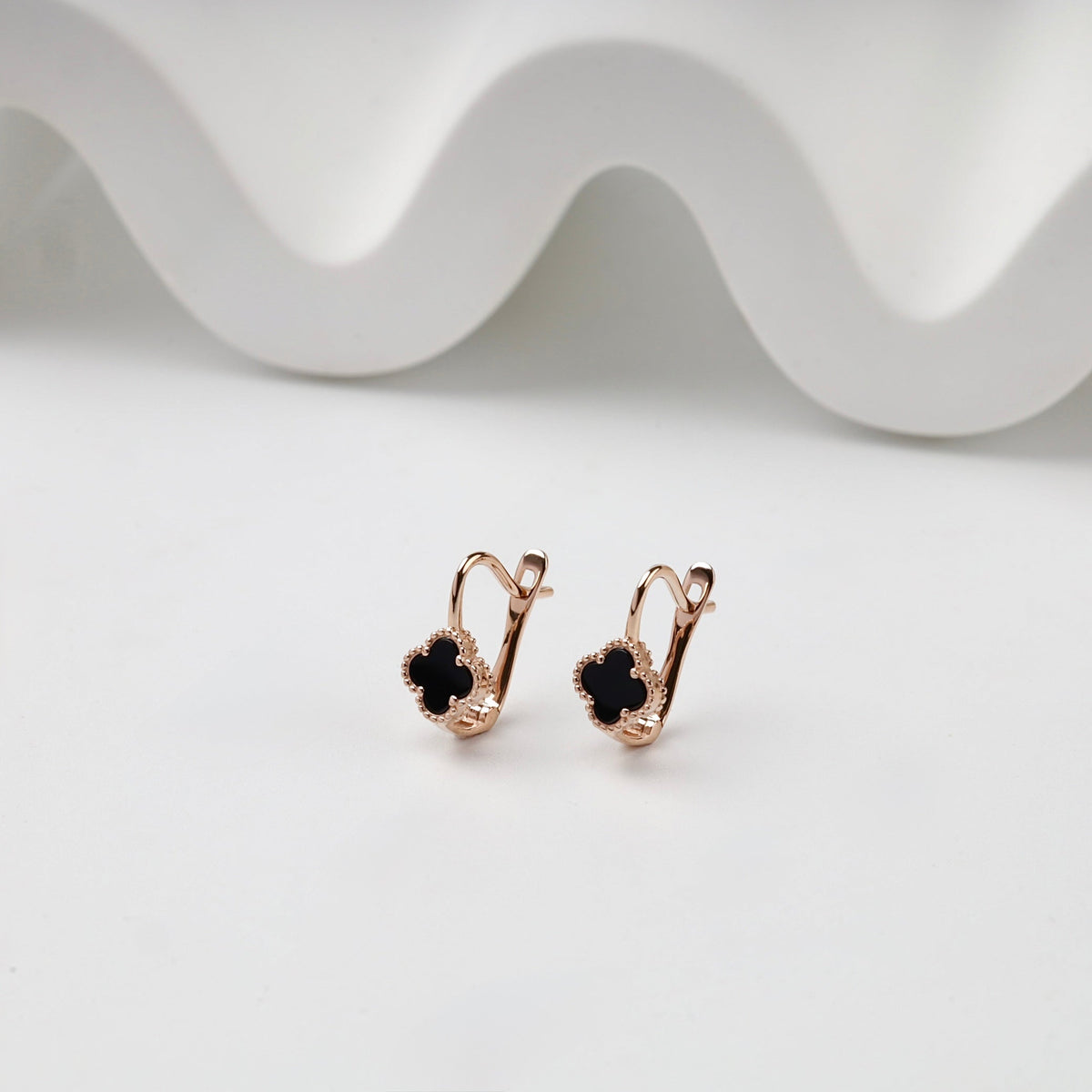 Rose Gold 585 Black Onyx Clover Kids Earrings | Ukrainian Jewelry