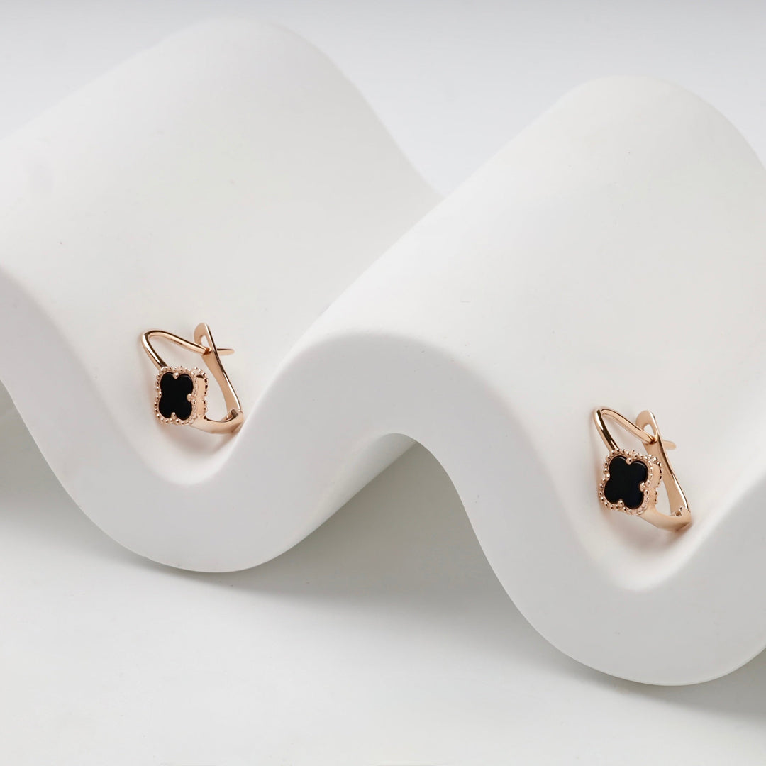 Rose Gold 585 Black Onyx Clover Kids Earrings | Ukrainian Jewelry