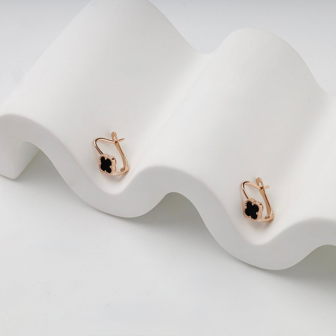 Rose Gold 585 Black Onyx Clover Kids Earrings | Ukrainian Jewelry