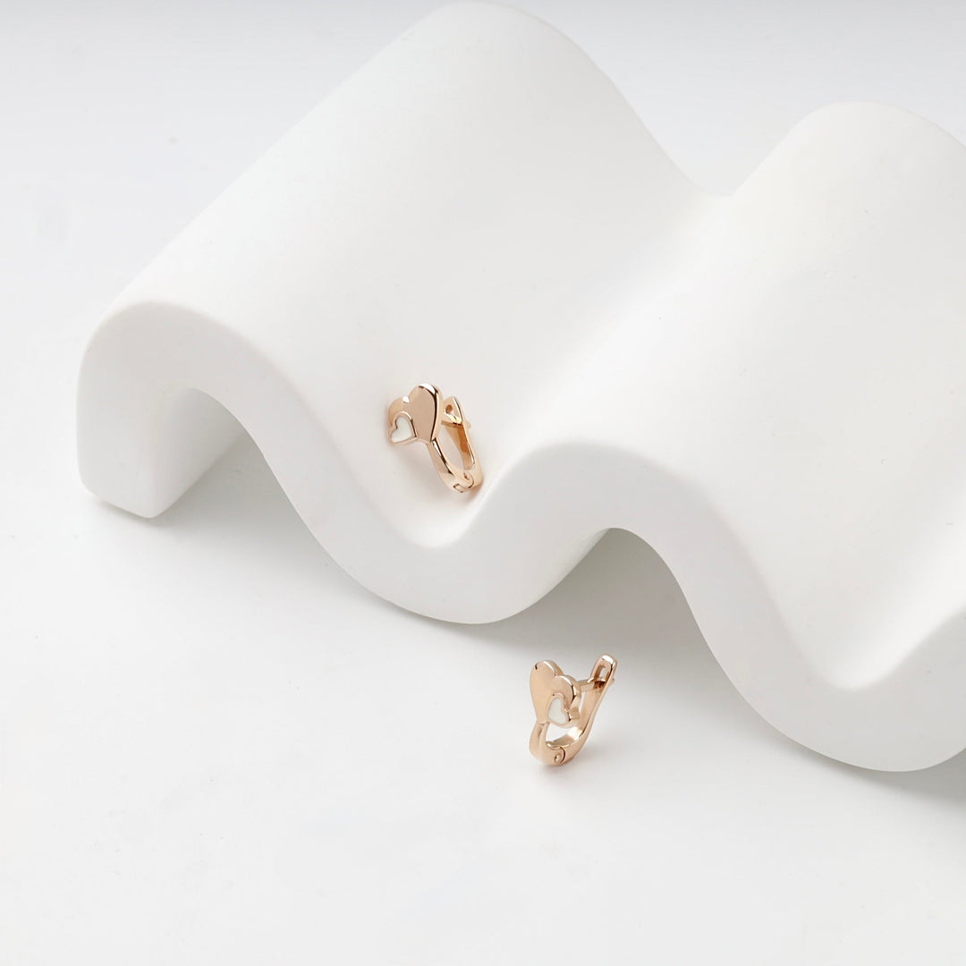 Rose Gold 14K (585) White Enamel Double Heart Kids Earrings | Ukrainian Jewelry