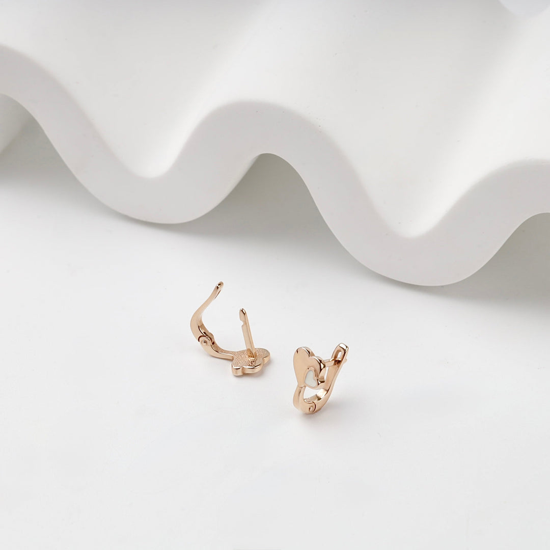 Rose Gold 14K (585) White Enamel Double Heart Kids Earrings | Ukrainian Jewelry
