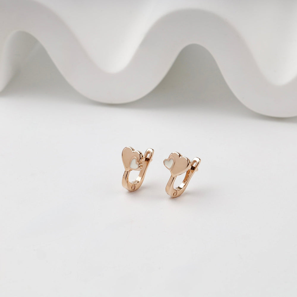 Rose Gold 14K (585) White Enamel Double Heart Kids Earrings | Ukrainian Jewelry