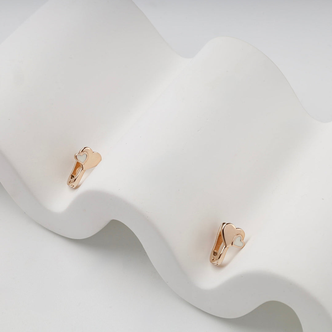 Rose Gold 14K (585) White Enamel Double Heart Kids Earrings | Ukrainian Jewelry