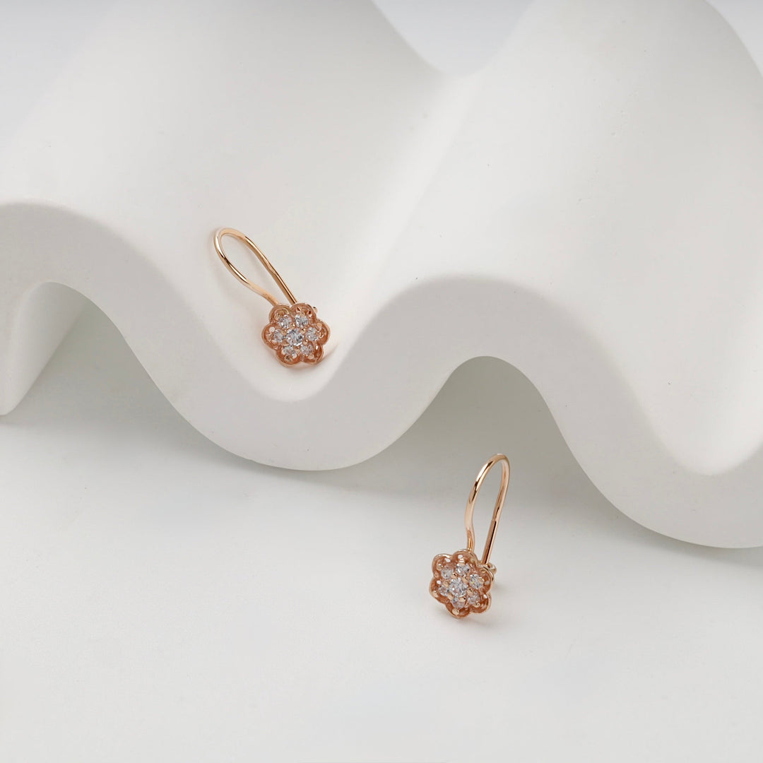 Rose Gold 14K (585) Cubic Zirconia Flower Hook Kids Earrings | Ukrainian Jewelry