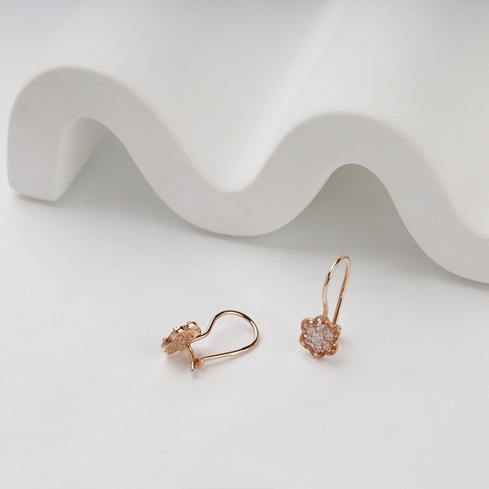 Rose Gold 14K (585) Cubic Zirconia Flower Hook Kids Earrings | Ukrainian Jewelry