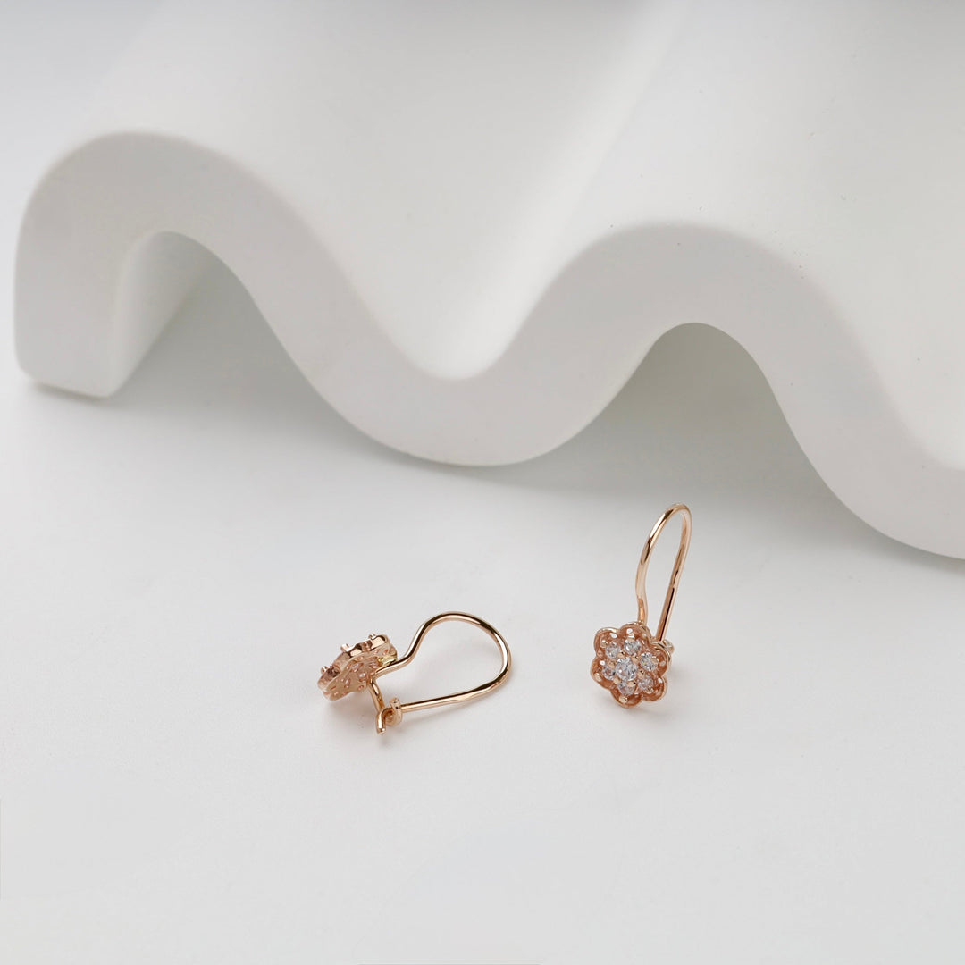 Rose Gold 14K (585) Cubic Zirconia Flower Hook Kids Earrings | Ukrainian Jewelry