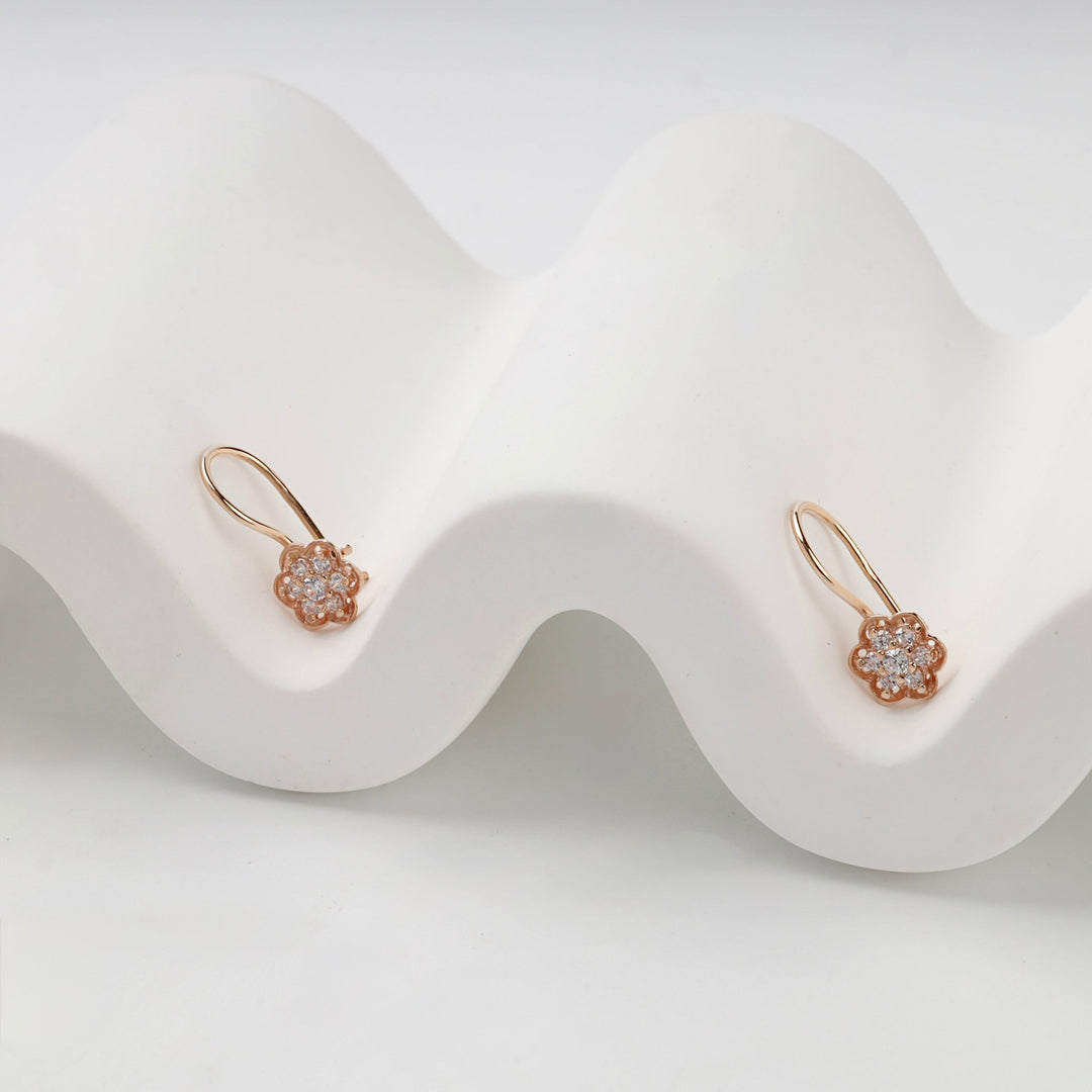 Rose Gold 14K (585) Cubic Zirconia Flower Hook Kids Earrings | Ukrainian Jewelry