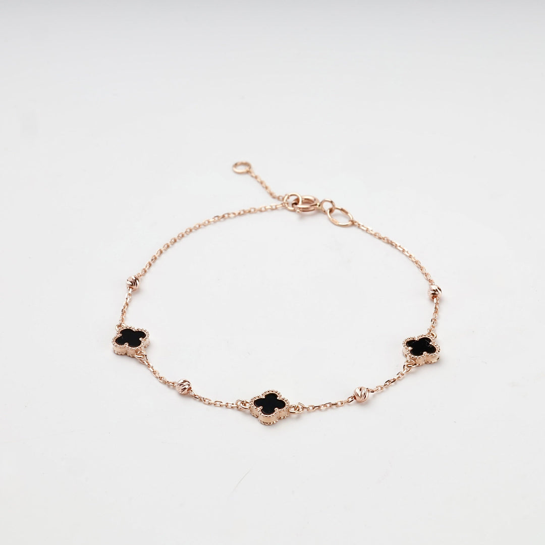Rose Gold 585 Black Onyx Clover Bracelet | Ukrainian Jewelry