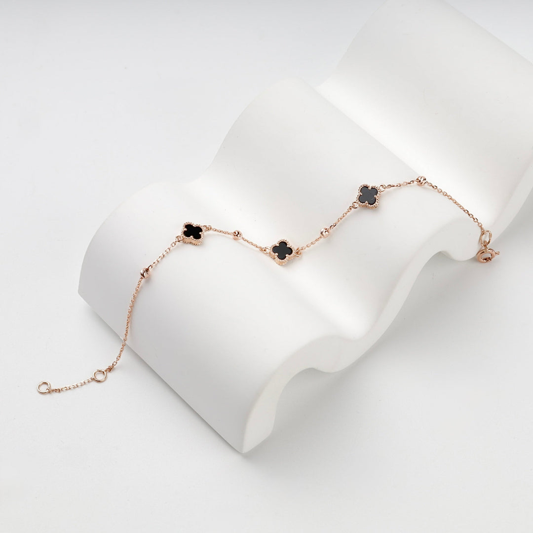 Rose Gold 585 Black Onyx Clover Bracelet | Ukrainian Jewelry