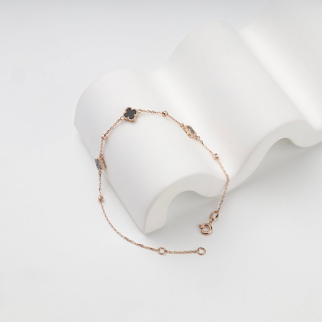 Rose Gold 585 Black Onyx Clover Bracelet | Ukrainian Jewelry