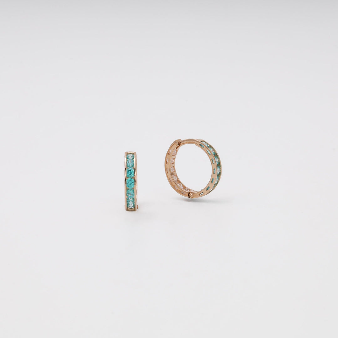 Rose Gold 14K (585) Mint and Clear Cubic Zirconia Huggie Earrings | Ukrainian Jewelry