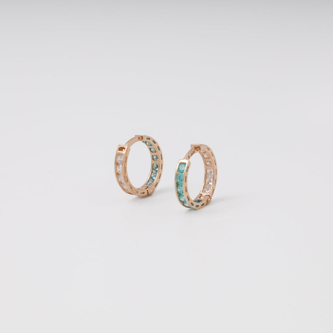 Rose Gold 14K (585) Mint and Clear Cubic Zirconia Huggie Earrings | Ukrainian Jewelry