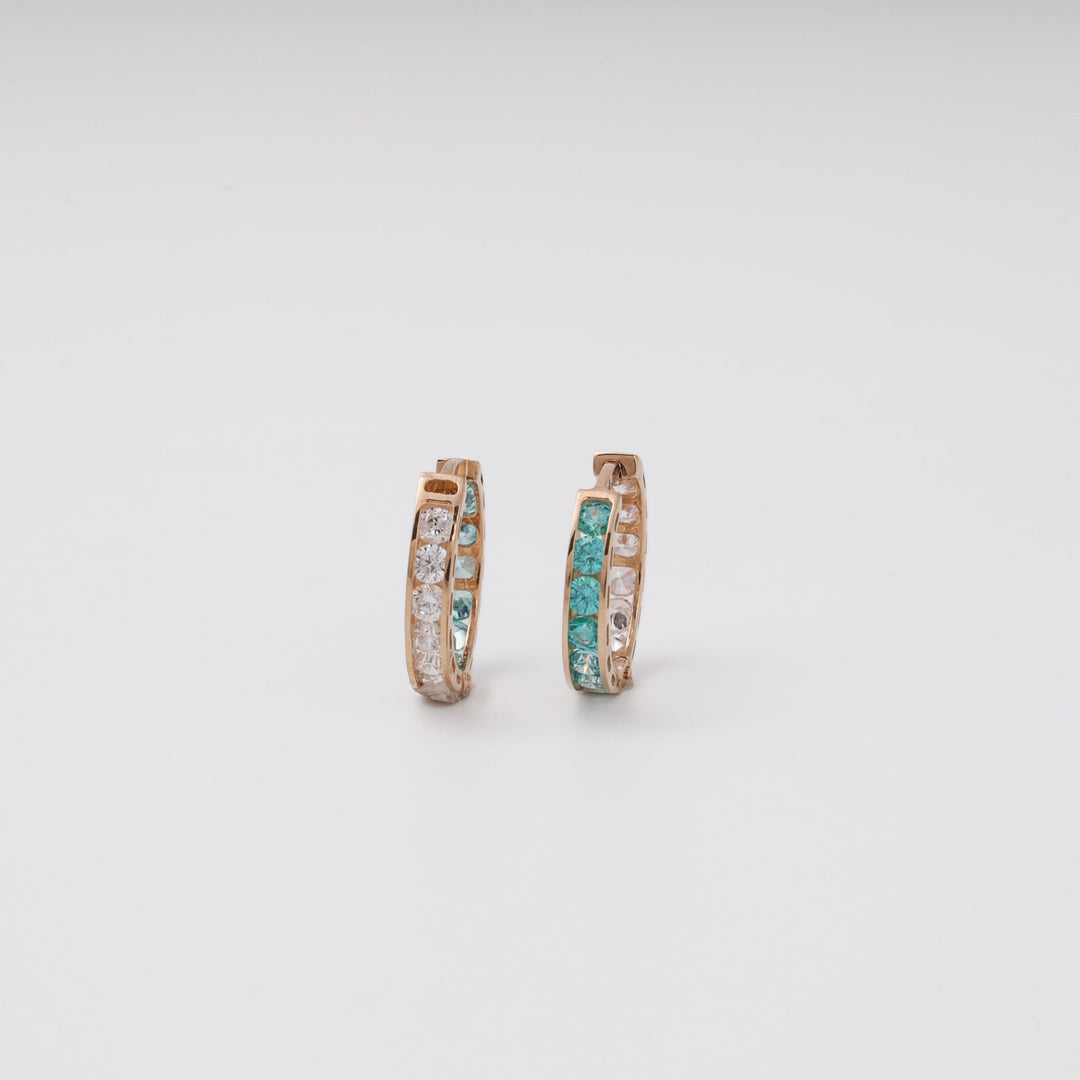 Rose Gold 14K (585) Mint and Clear Cubic Zirconia Huggie Earrings | Ukrainian Jewelry