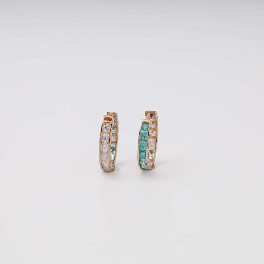 Rose Gold 14K (585) Mint and Clear Cubic Zirconia Huggie Earrings | Ukrainian Jewelry