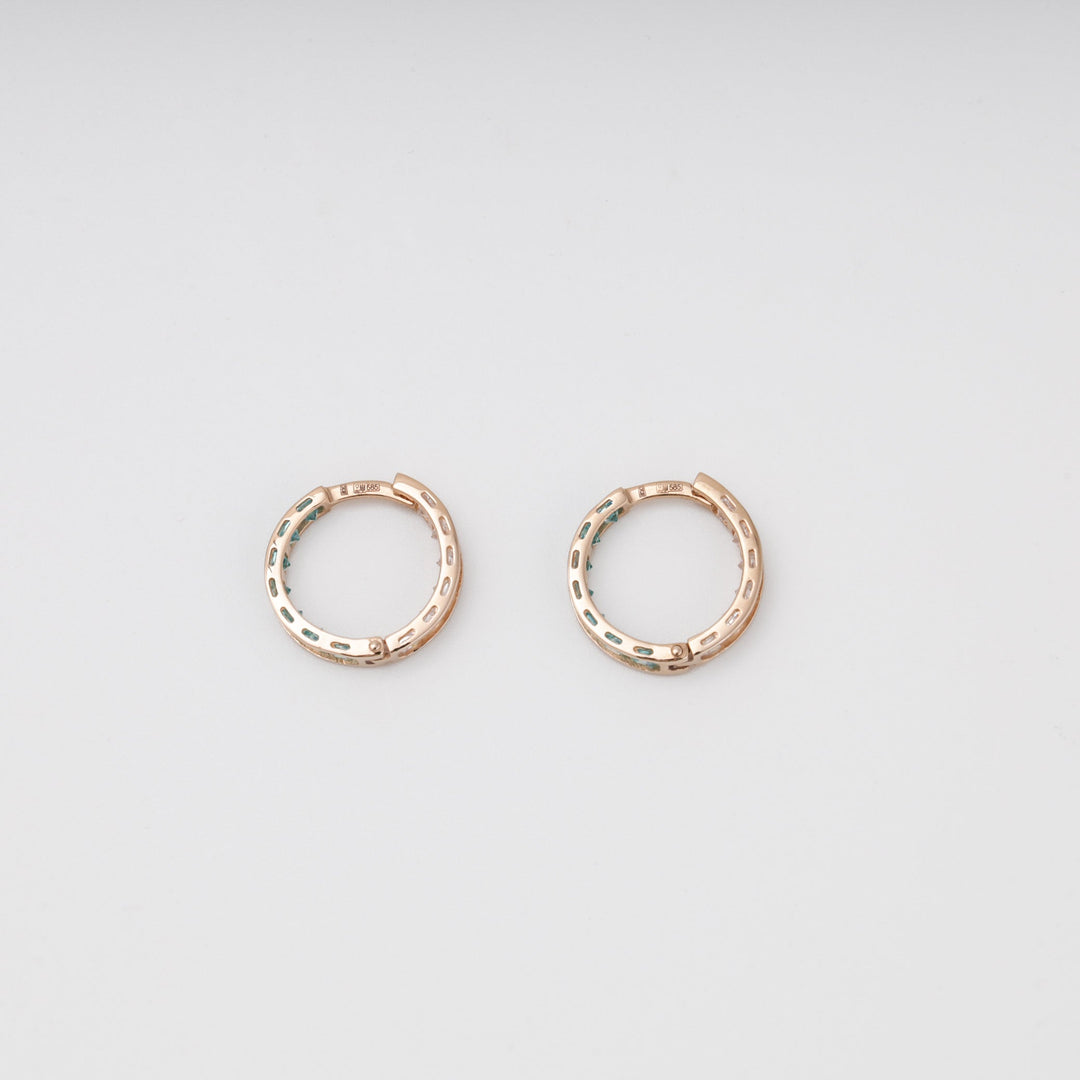 Rose Gold 14K (585) Mint and Clear Cubic Zirconia Huggie Earrings | Ukrainian Jewelry