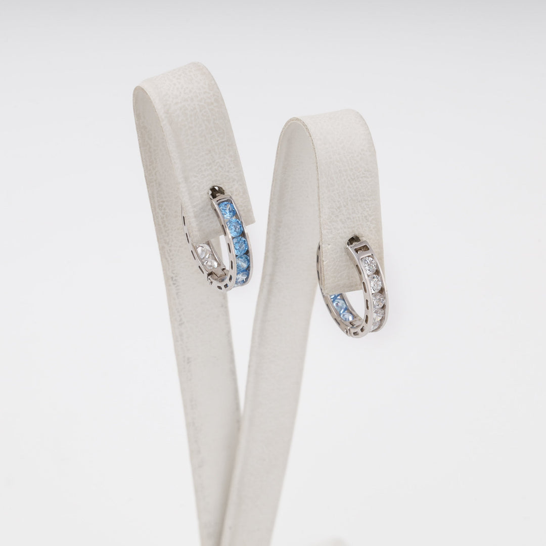 White Gold Huggie Earrings 14K (585) with Blue and White Zirconia | Ukrainian Jewelry