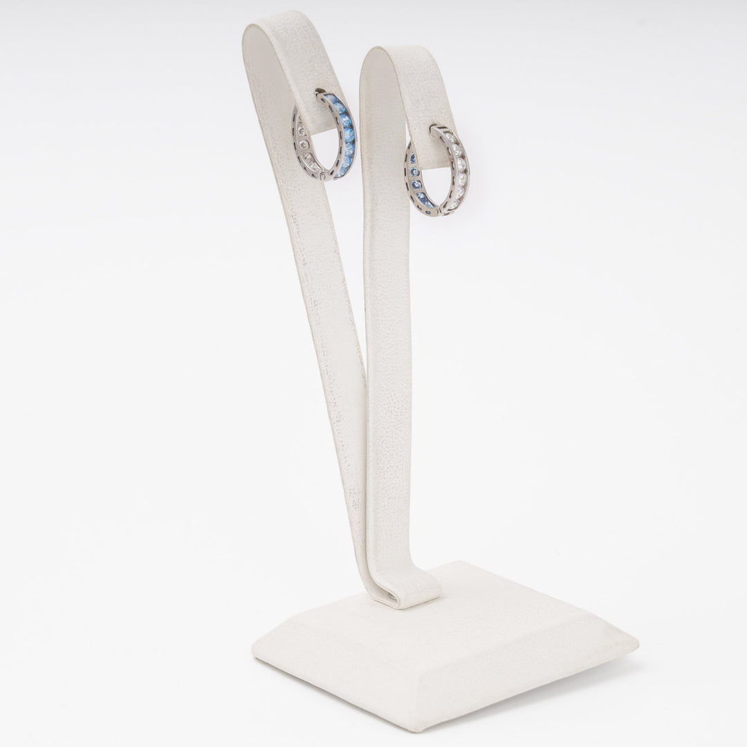 White Gold Huggie Earrings 14K (585) with Blue and White Zirconia | Ukrainian Jewelry