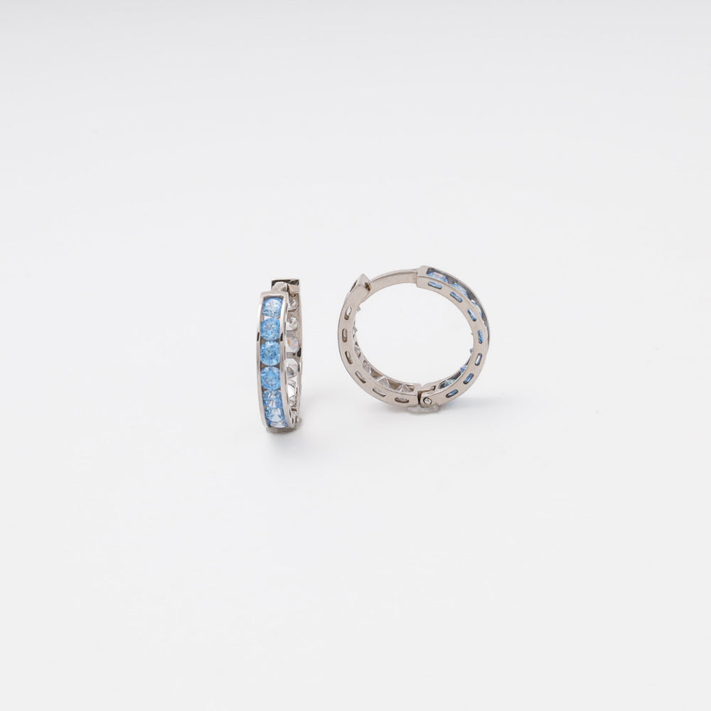 White Gold Huggie Earrings 14K (585) with Blue and White Zirconia | Ukrainian Jewelry