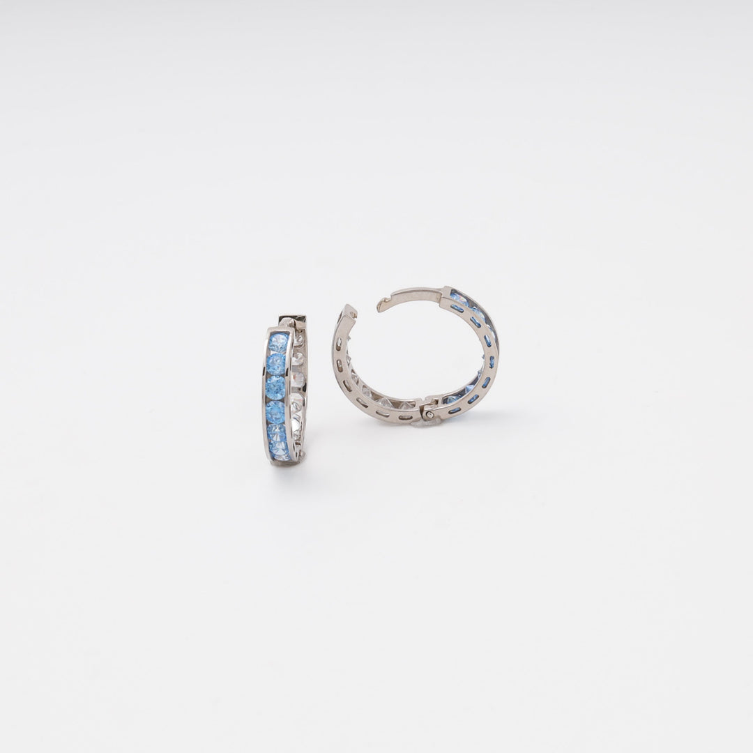White Gold Huggie Earrings 14K (585) with Blue and White Zirconia | Ukrainian Jewelry