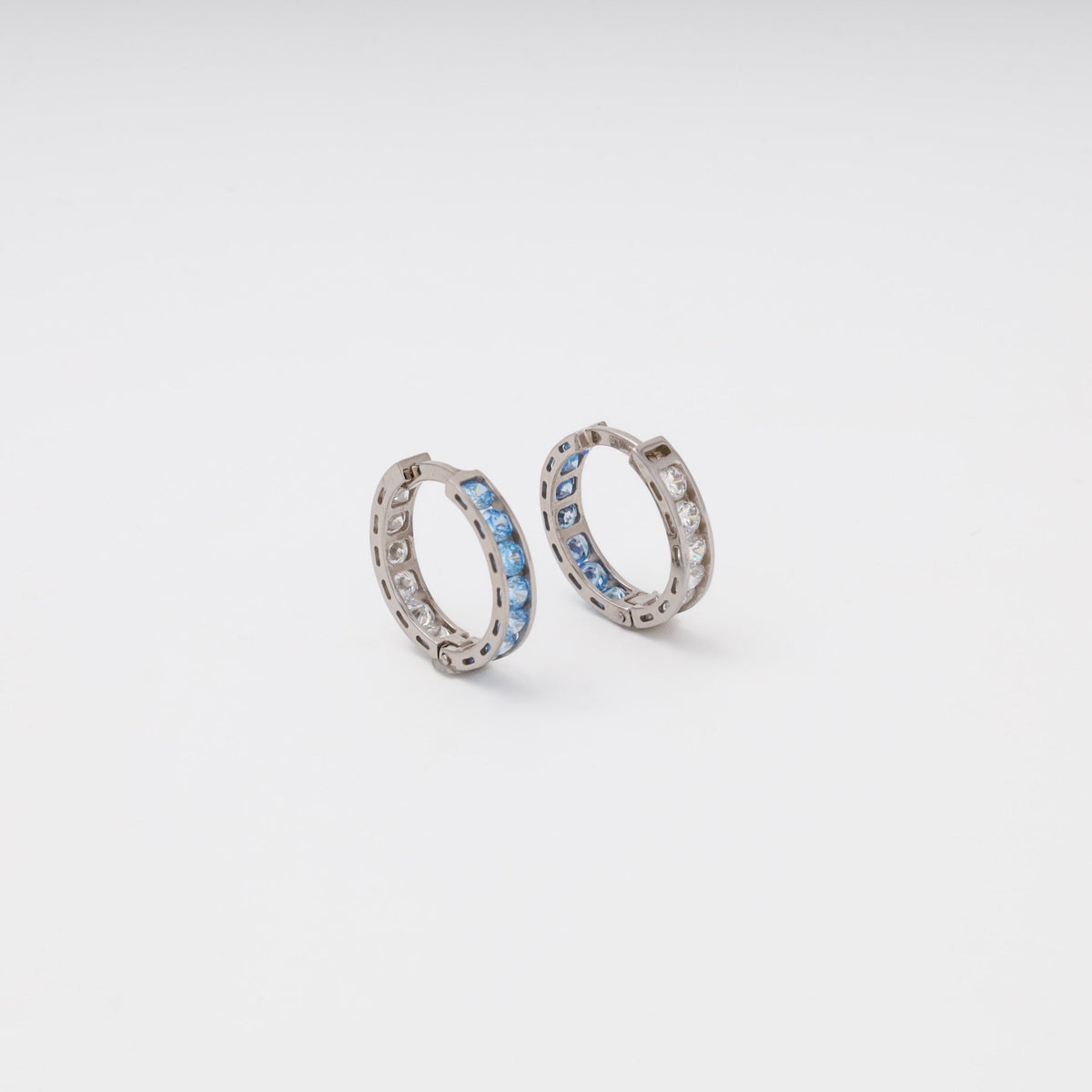White Gold Huggie Earrings 14K (585) with Blue and White Zirconia | Ukrainian Jewelry