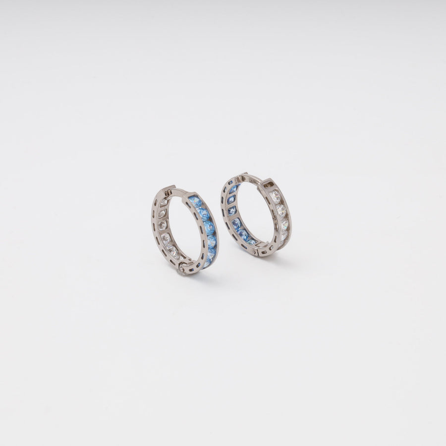 White Gold Huggie Earrings 14K (585) with Blue and White Zirconia | Ukrainian Jewelry