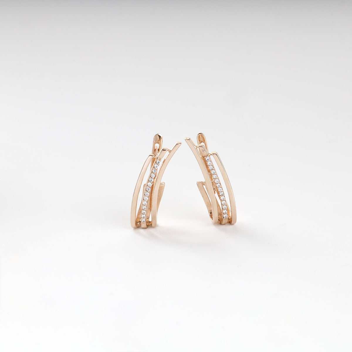 Rose Gold 14K (585) Cubic Zirconia Triple-Band Hoop Earrings | Ukrainian Jewelry