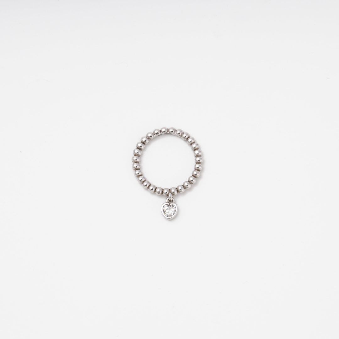 Silver 925 Beaded Ring with Heart CZ Charm | Ukrainian Jewelry