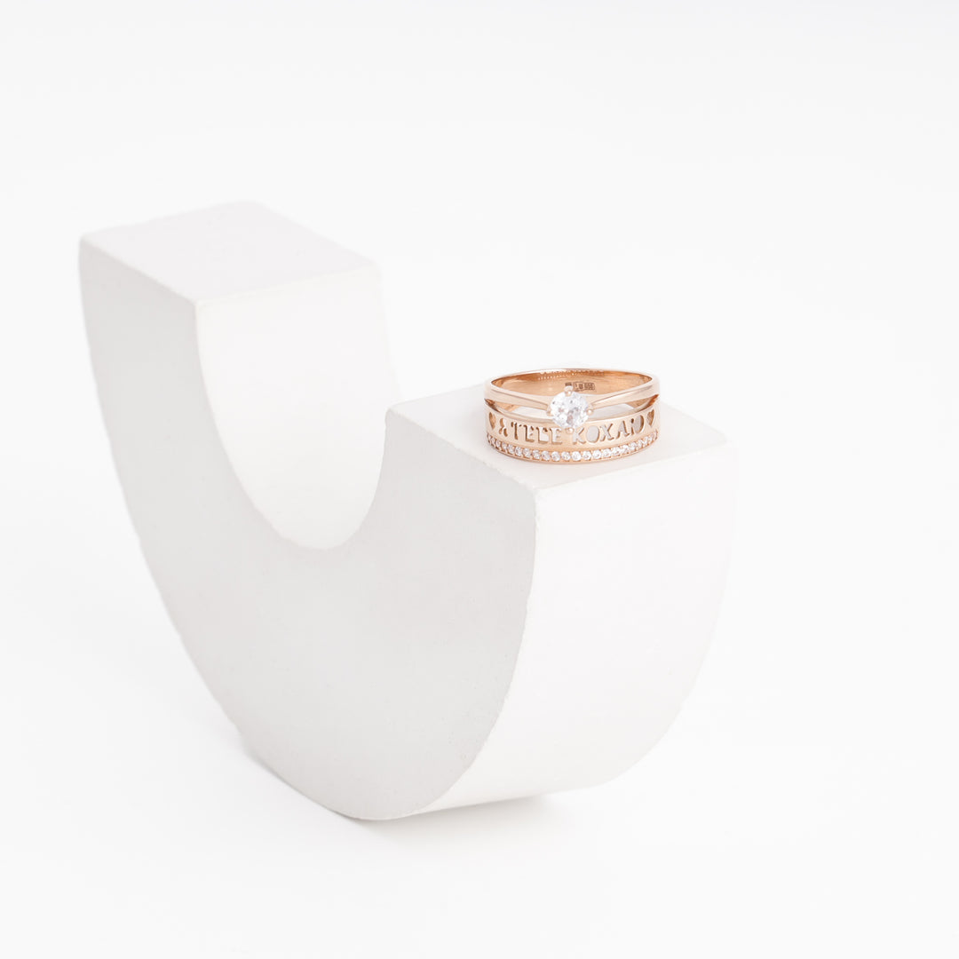 I Love You ring on finger model, 14K rose gold 585 — Ukrainian Jewelry