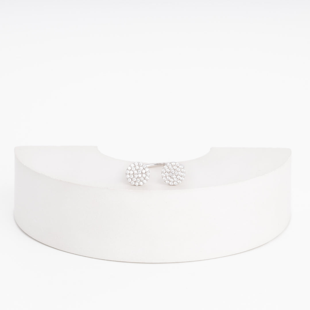 Sterling silver 925 open ring with two round cubic zirconia pavé discs, front view
