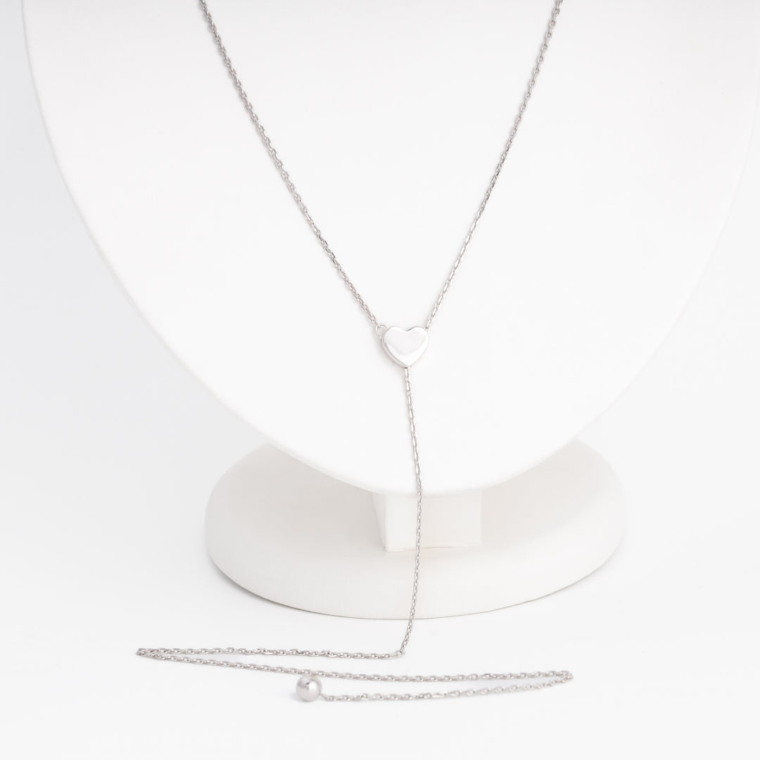Heart lariat necklace on neck, Y-style drape, Sterling Silver 925 — Ukrainian Jewelry