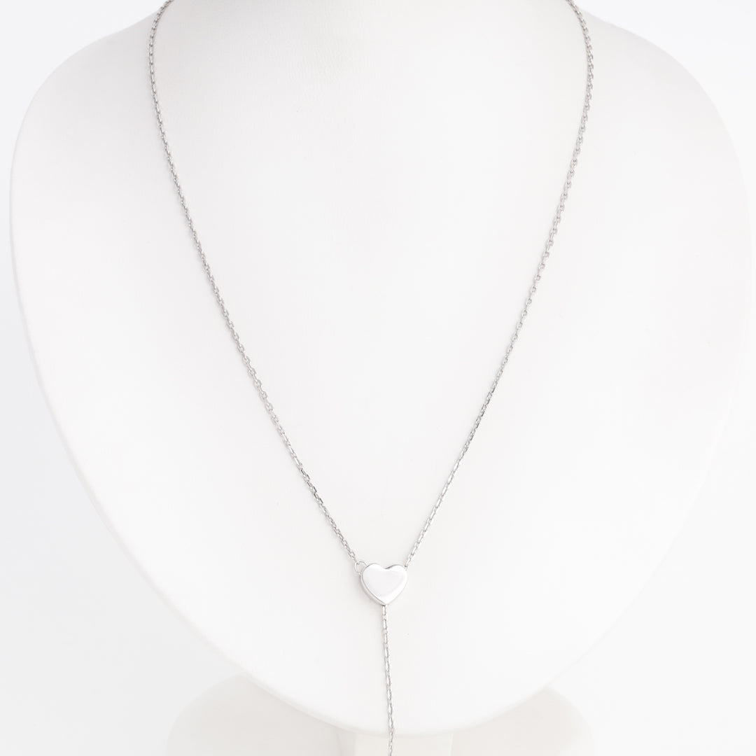 Silver heart lariat necklace worn, showing full length drop — Ukrainian Jewelry