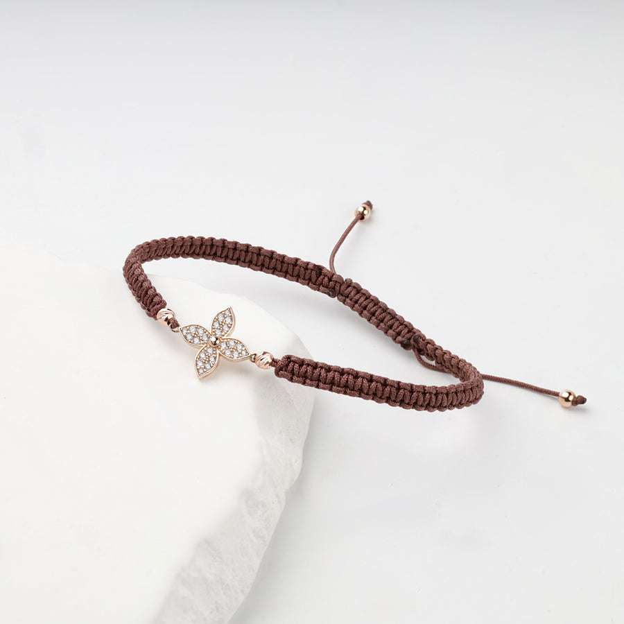 Brown Cord Clover Bracelet with Cubic Zirconia | 14K Rose Gold (585) — back view