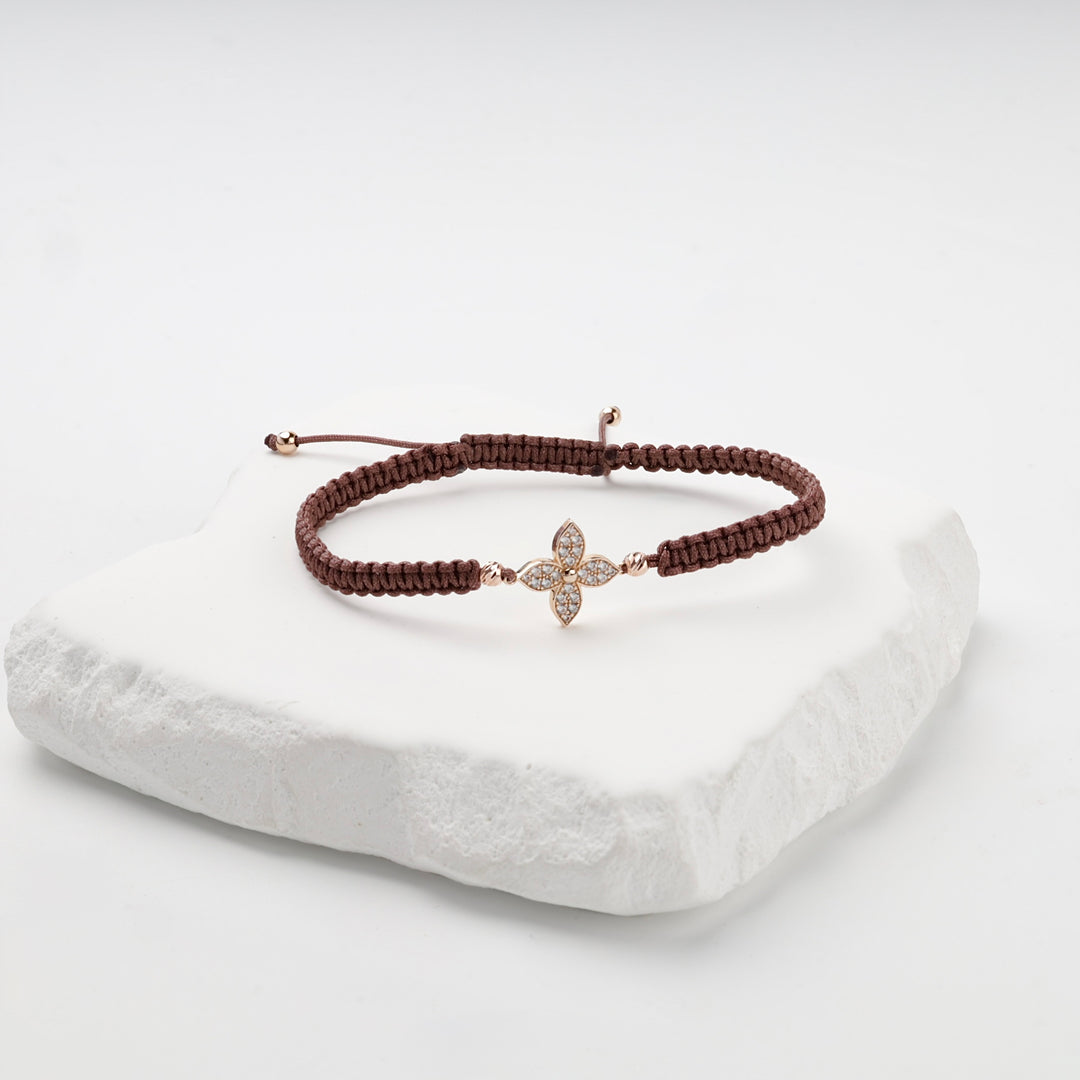 Brown Cord Clover Bracelet with Cubic Zirconia | 14K Rose Gold (585) — product tag